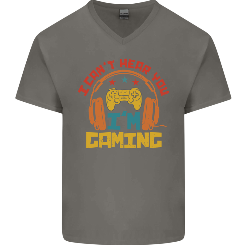 I Can't Hear You I'm Gaming Funny Gaming Mens V-Neck Cotton T-Shirt Charcoal