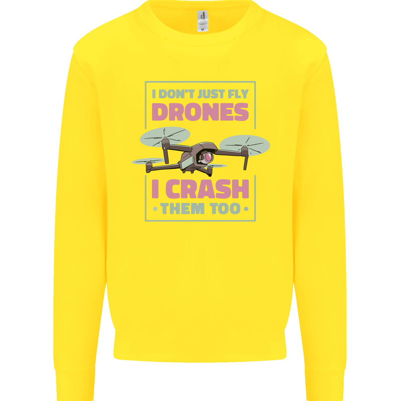 I Crash Them Too Funny Drone Pilot Kids Sweatshirt Jumper Yellow