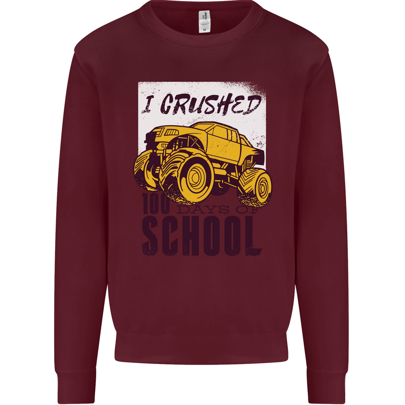 I Crushed 100 Days of School Monster Truck Kids Sweatshirt Jumper Maroon