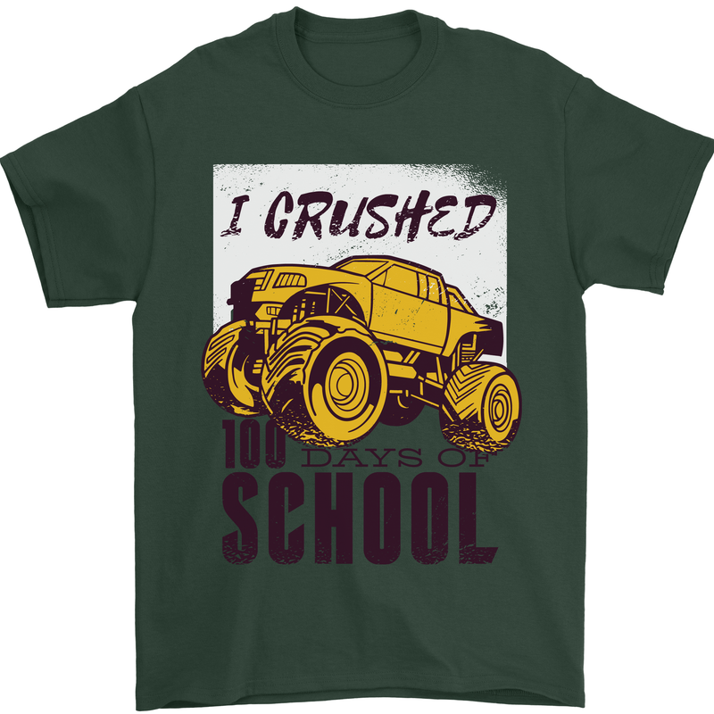 I Crushed 100 Days of School Monster Truck Mens T-Shirt Cotton Gildan Forest Green