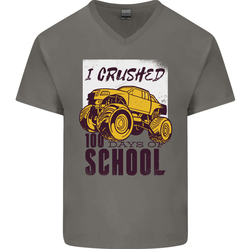 I Crushed 100 Days of School Monster Truck Mens V-Neck Cotton T-Shirt Charcoal