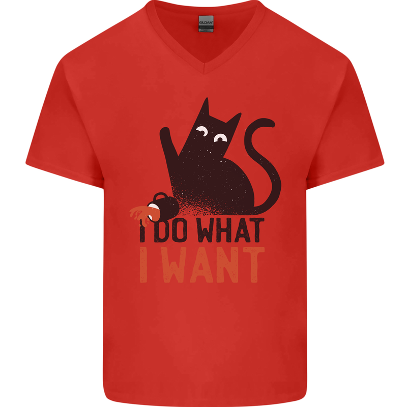 I Do What I Want Funny Cat Mens V-Neck Cotton T-Shirt Red