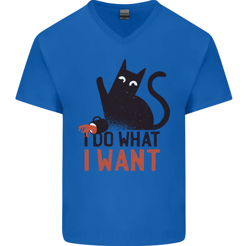 I Do What I Want Funny Cat Mens V-Neck Cotton T-Shirt Royal Blue