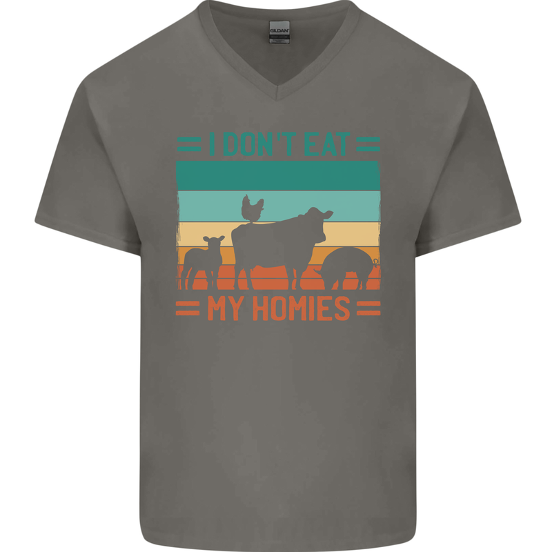 I Don't Eat My Homies Funny Vegan Vegetarian Mens V-Neck Cotton T-Shirt Charcoal