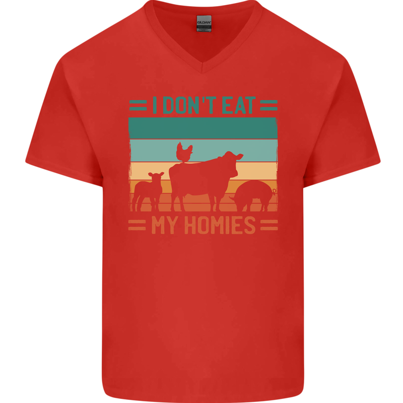 I Don't Eat My Homies Funny Vegan Vegetarian Mens V-Neck Cotton T-Shirt Red