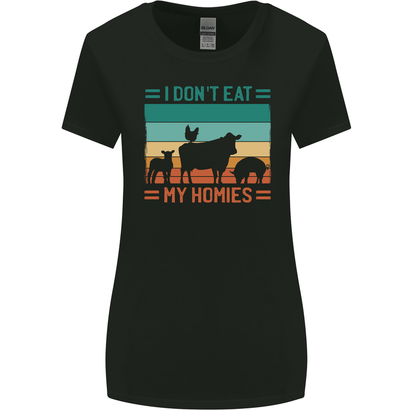 I Don't Eat My Homies Funny Vegan Vegetarian Womens Wider Cut T-Shirt Black
