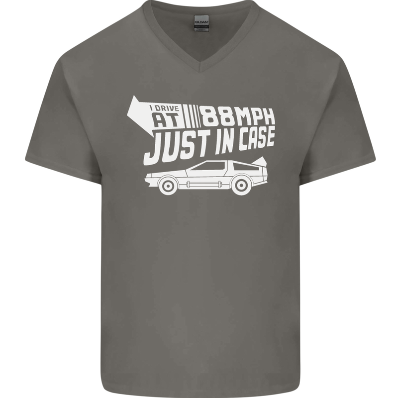 I Drive at 88mph Just in Case Funny Mens V-Neck Cotton T-Shirt Charcoal