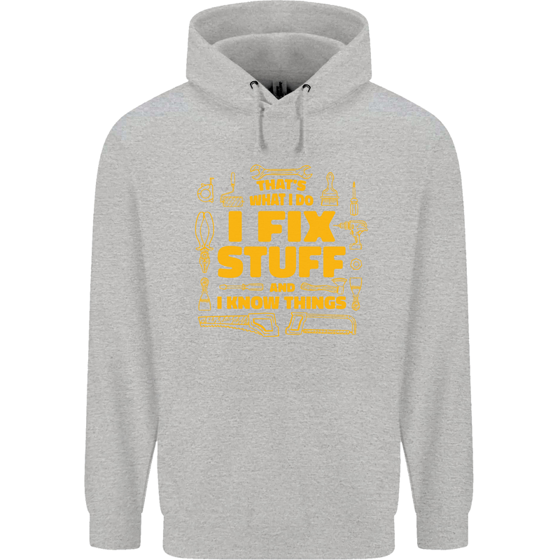 I Fix Stuff Funny Carpenter DIY Tradesman Childrens Kids Hoodie Sports Grey