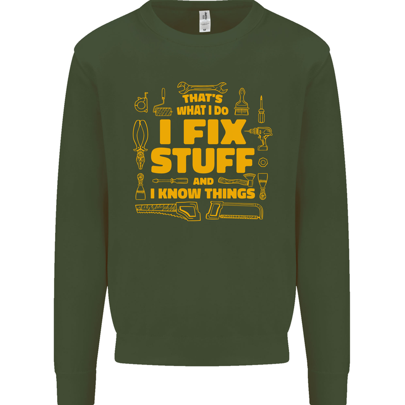 I Fix Stuff Funny Carpenter DIY Tradesman Kids Sweatshirt Jumper Forest Green