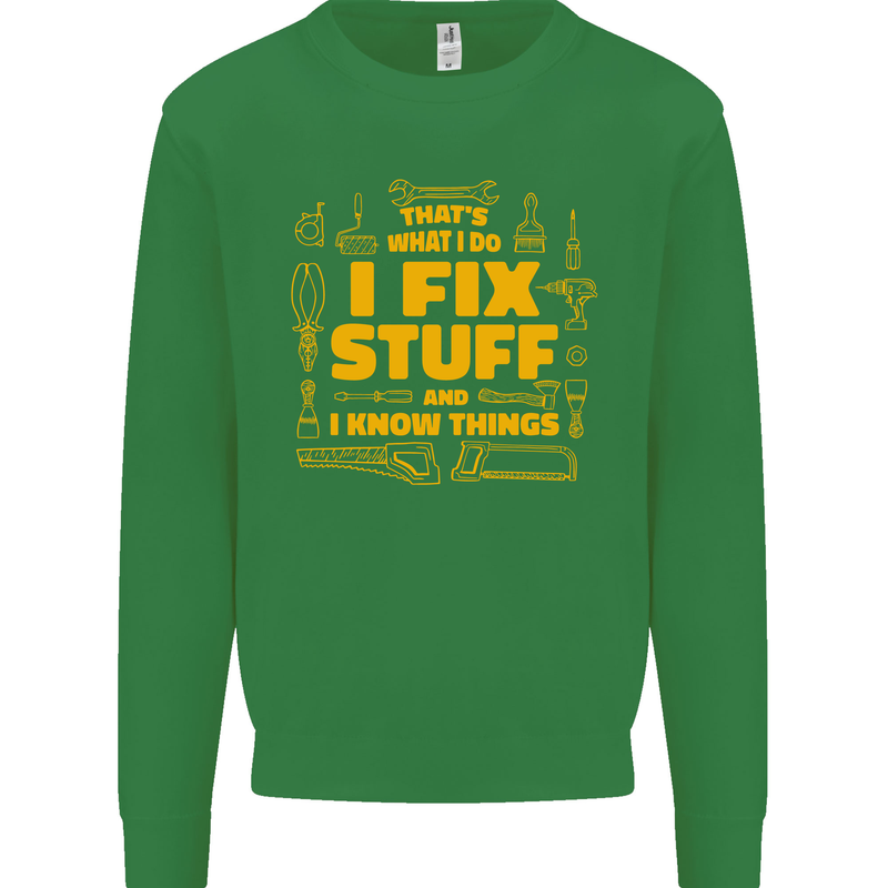 I Fix Stuff Funny Carpenter DIY Tradesman Kids Sweatshirt Jumper Irish Green