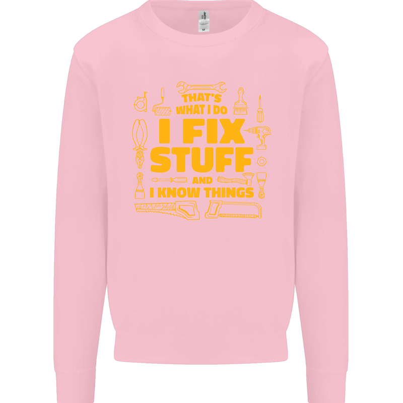 I Fix Stuff Funny Carpenter DIY Tradesman Kids Sweatshirt Jumper Light Pink