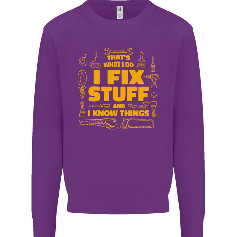 I Fix Stuff Funny Carpenter DIY Tradesman Kids Sweatshirt Jumper Purple