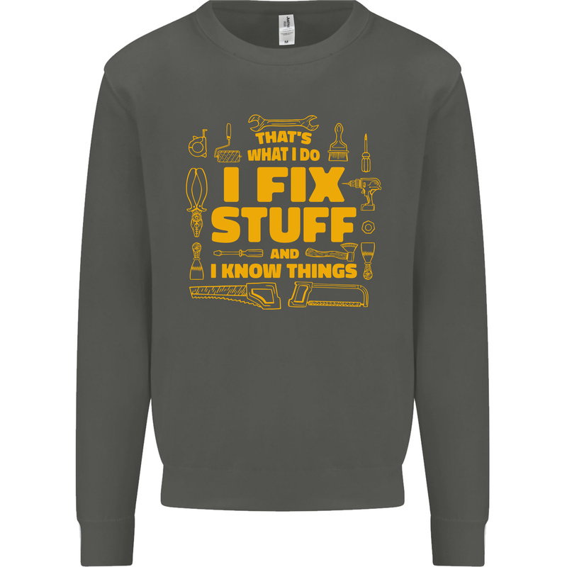 I Fix Stuff Funny Carpenter DIY Tradesman Kids Sweatshirt Jumper Storm Grey