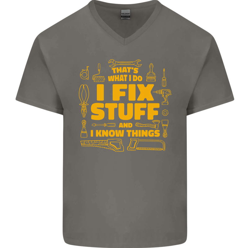 I Fix Stuff Funny Carpenter DIY Tradesman Mens V-Neck Cotton T-Shirt Charcoal