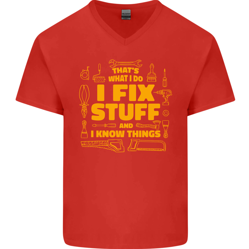 I Fix Stuff Funny Carpenter DIY Tradesman Mens V-Neck Cotton T-Shirt Red