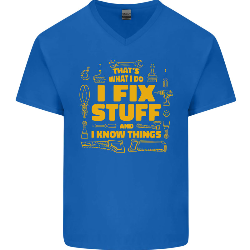 I Fix Stuff Funny Carpenter DIY Tradesman Mens V-Neck Cotton T-Shirt Royal Blue
