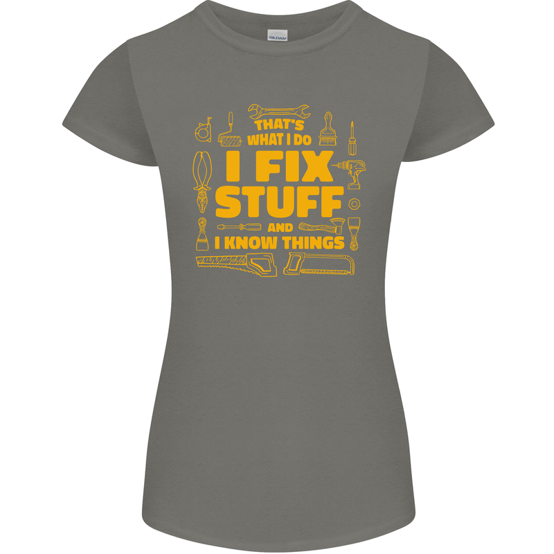I Fix Stuff Funny Carpenter DIY Tradesman Womens Petite Cut T-Shirt Charcoal