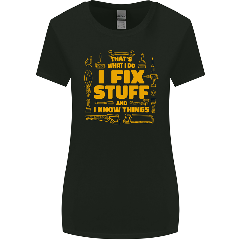 I Fix Stuff Funny Carpenter DIY Tradesman Womens Wider Cut T-Shirt Black