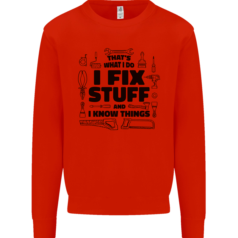 I Fix Stuff Funny Handyman Tradesman DIY Kids Sweatshirt Jumper Bright Red
