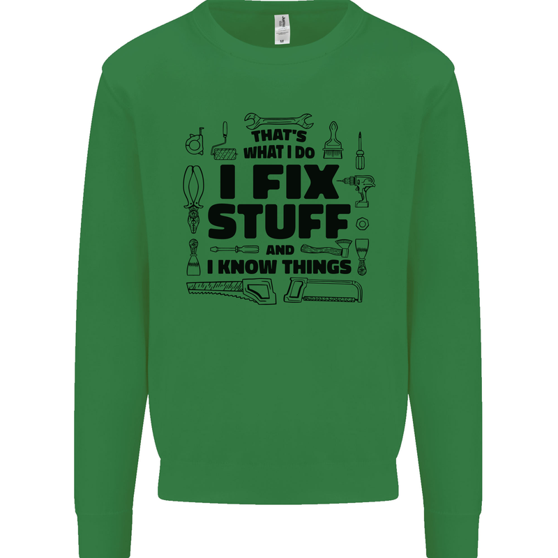 I Fix Stuff Funny Handyman Tradesman DIY Kids Sweatshirt Jumper Irish Green