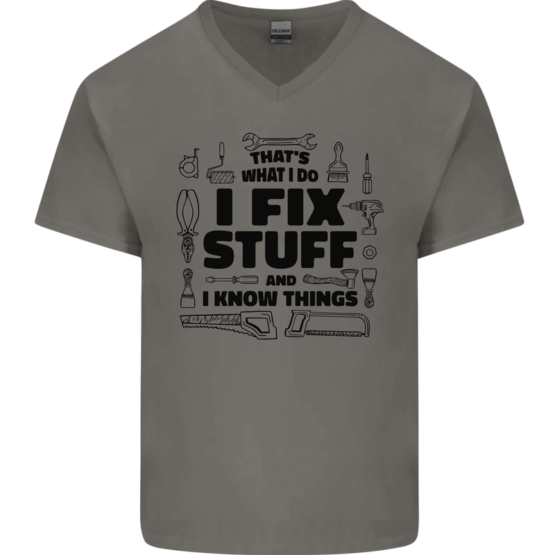 I Fix Stuff Funny Handyman Tradesman DIY Mens V-Neck Cotton T-Shirt Charcoal