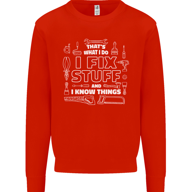 I Fix Stuff Funny Plumber Electrician Mechanic Kids Sweatshirt Jumper Bright Red