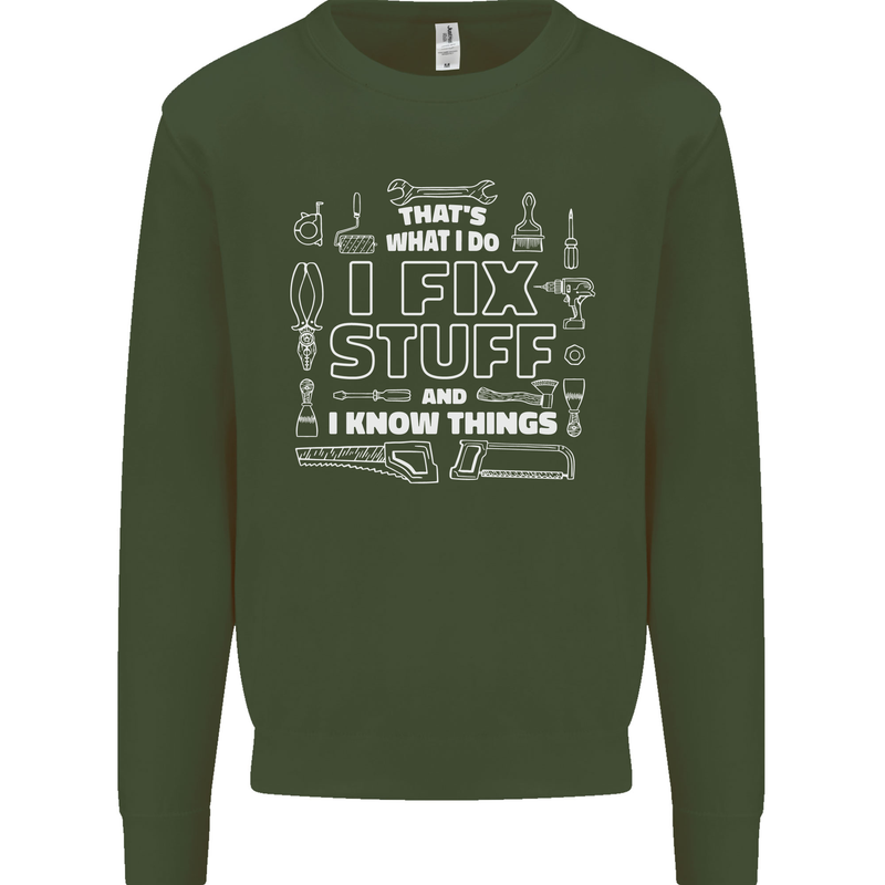 I Fix Stuff Funny Plumber Electrician Mechanic Kids Sweatshirt Jumper Forest Green