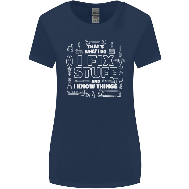 I Fix Stuff Funny Plumber Electrician Mechanic Womens Wider Cut T-Shirt Navy Blue