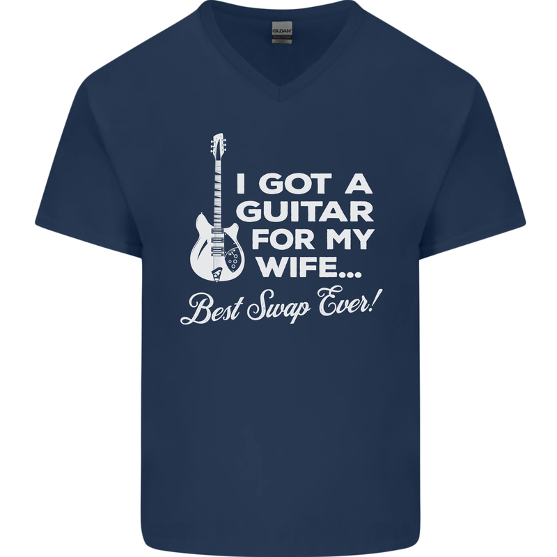 I Got a Guitar for My Wife Funny Guitarist Mens V-Neck Cotton T-Shirt Navy Blue
