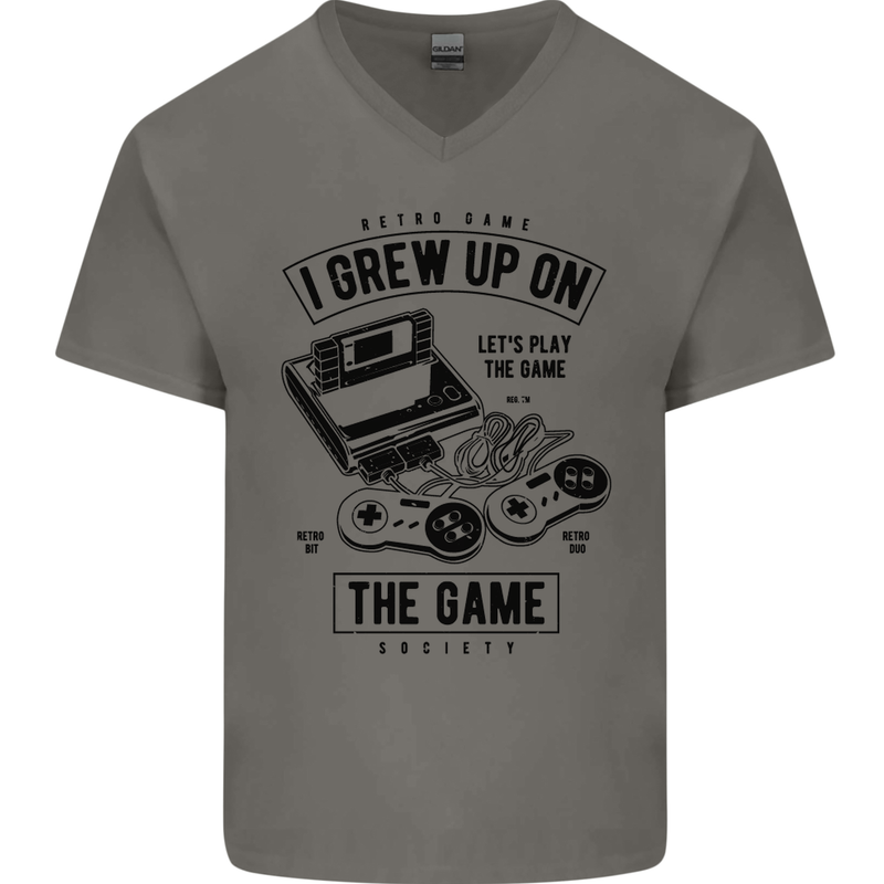 I Grew up on the Gamer Funny Gaming Mens V-Neck Cotton T-Shirt Charcoal
