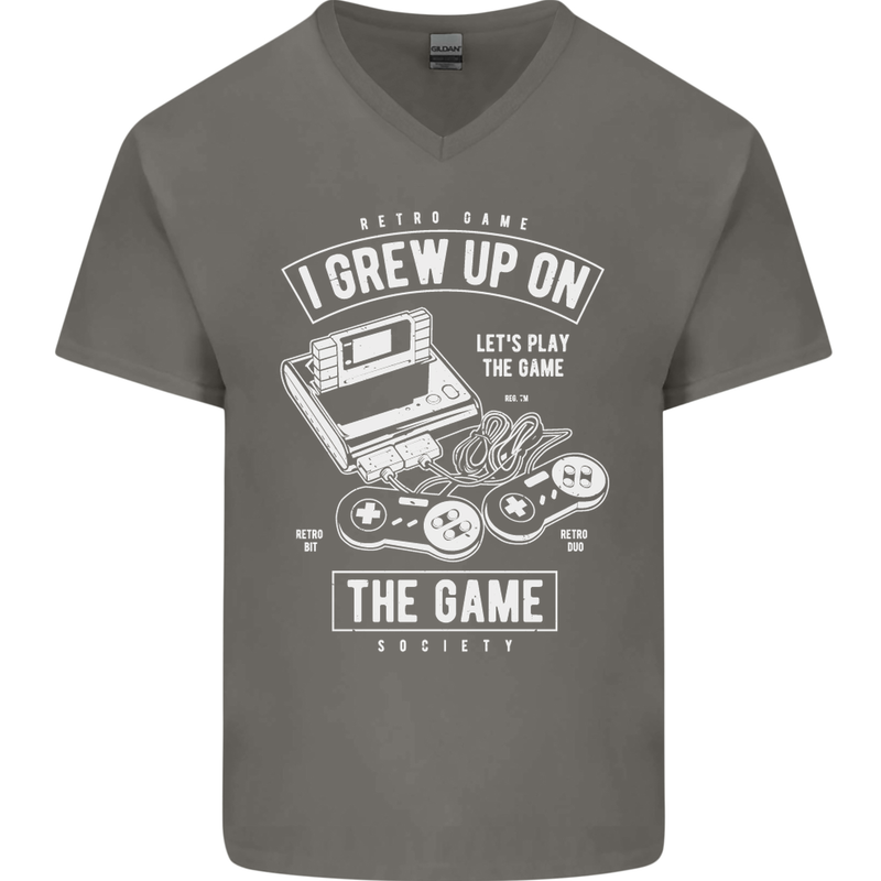 I Grew up on the Gamer Funny Gaming Mens V-Neck Cotton T-Shirt Charcoal