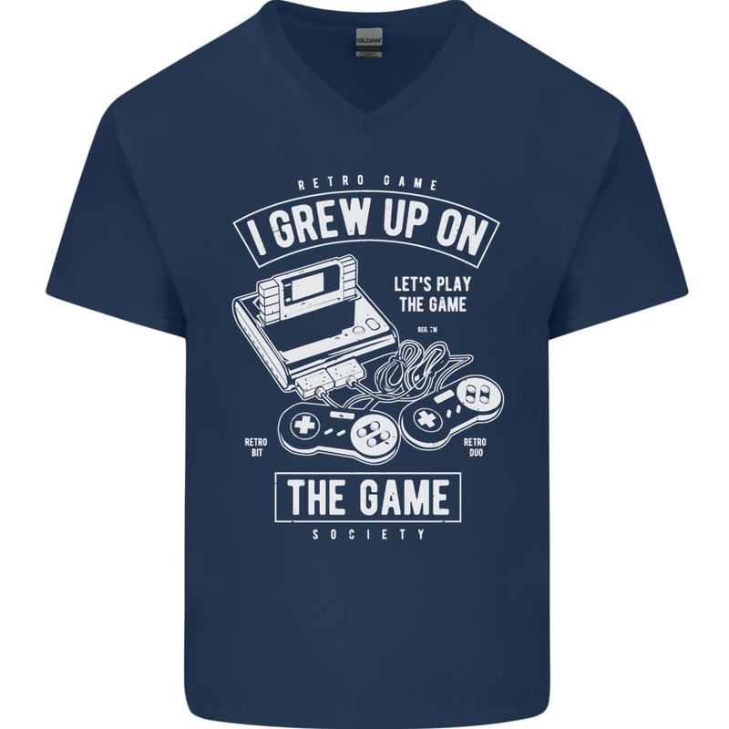 I Grew up on the Gamer Funny Gaming Mens V-Neck Cotton T-Shirt Navy Blue
