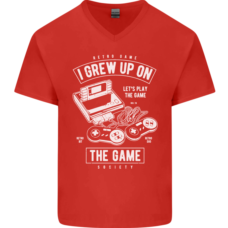 I Grew up on the Gamer Funny Gaming Mens V-Neck Cotton T-Shirt Red
