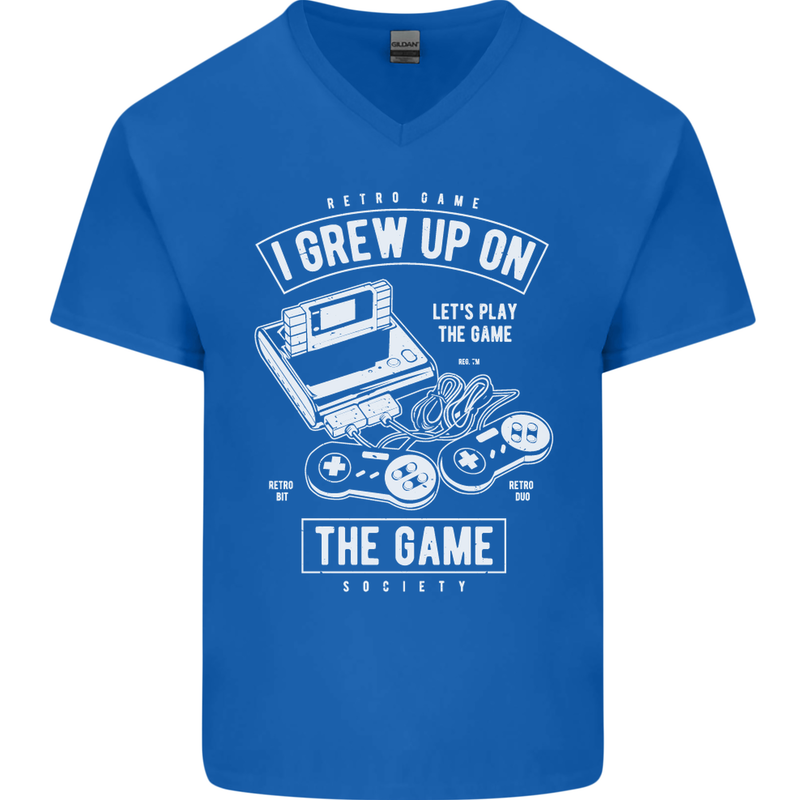 I Grew up on the Gamer Funny Gaming Mens V-Neck Cotton T-Shirt Royal Blue