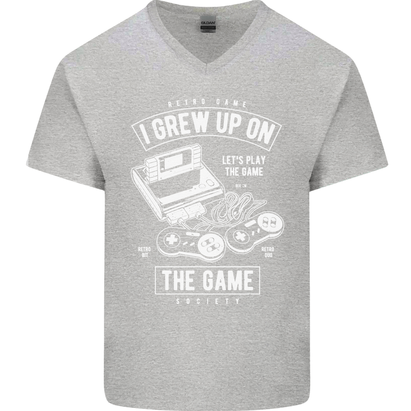 I Grew up on the Gamer Funny Gaming Mens V-Neck Cotton T-Shirt Sports Grey