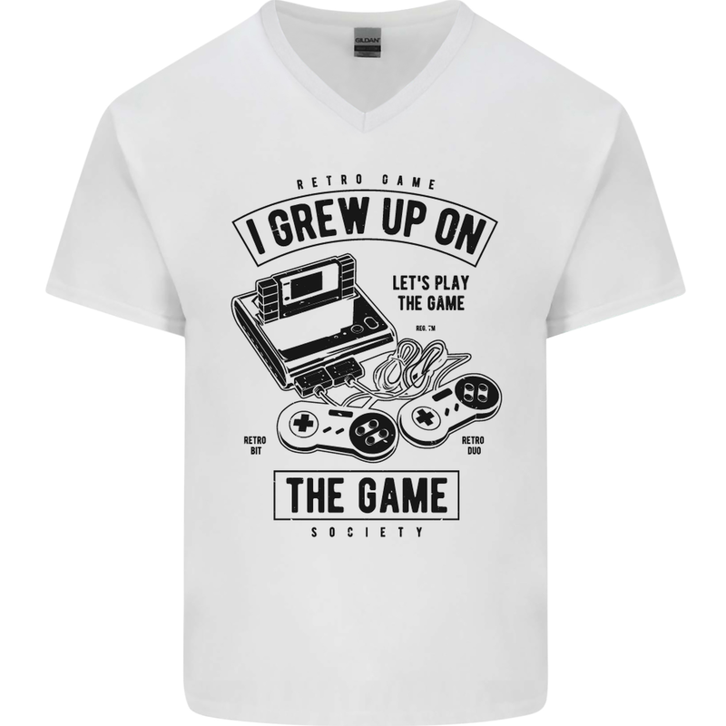 I Grew up on the Gamer Funny Gaming Mens V-Neck Cotton T-Shirt White