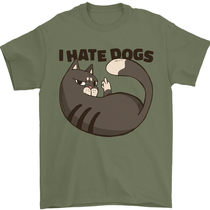 I Hate Dogs Funny Cat Lover Mens T-Shirt Cotton Gildan Military Green