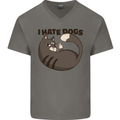 I Hate Dogs Funny Cat Lover Mens V-Neck Cotton T-Shirt Charcoal