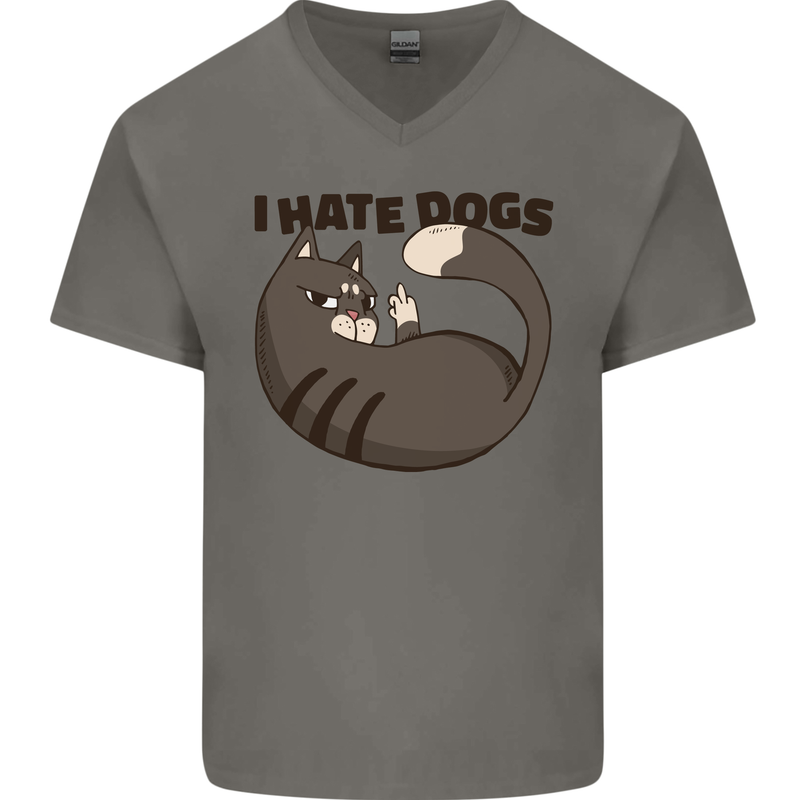 I Hate Dogs Funny Cat Lover Mens V-Neck Cotton T-Shirt Charcoal