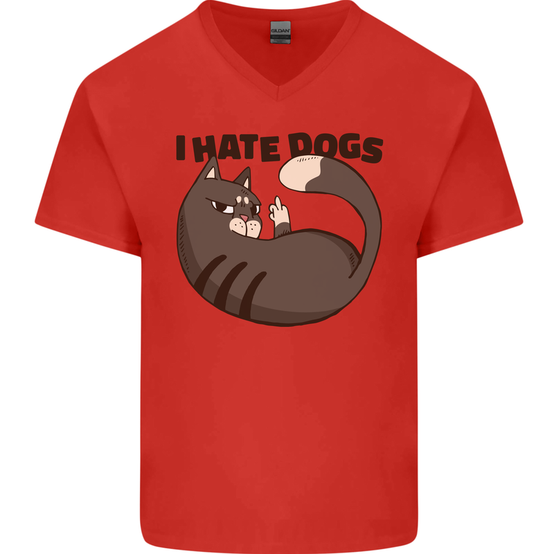 I Hate Dogs Funny Cat Lover Mens V-Neck Cotton T-Shirt Red