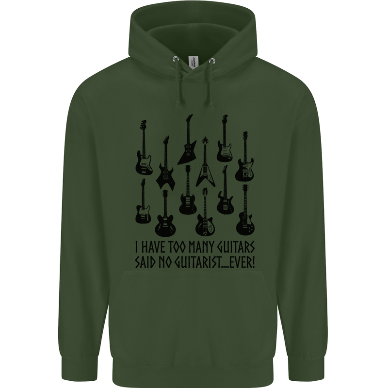 I Have Too Many Guitars Funny Guitarist Childrens Kids Hoodie Forest Green