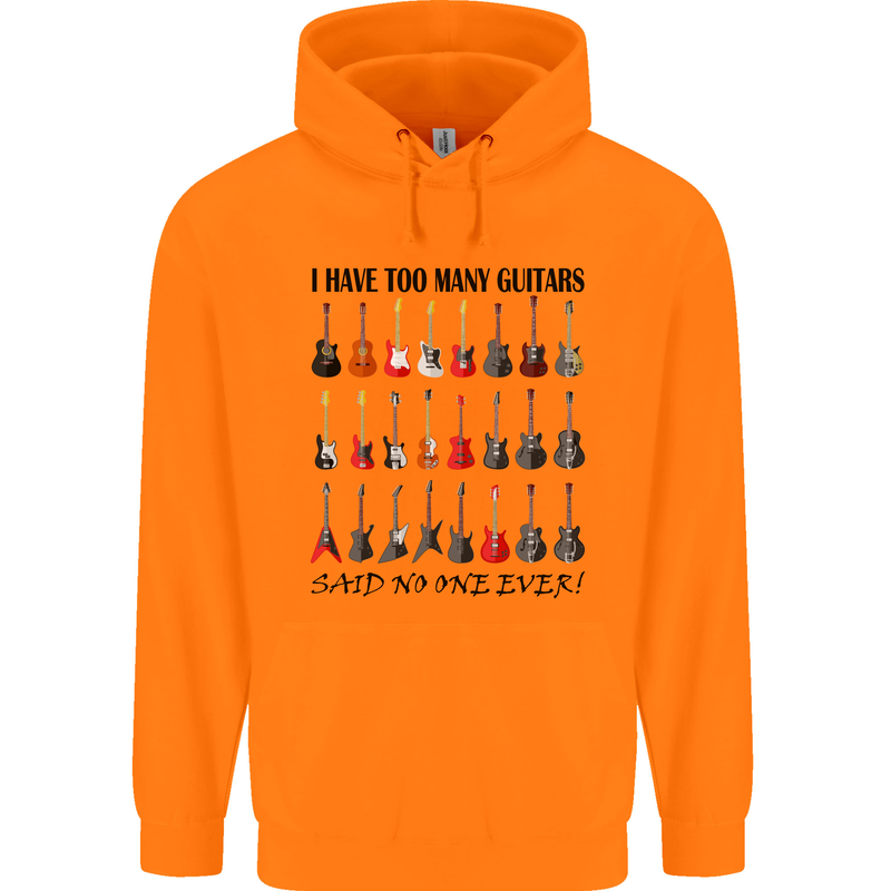 I Have Too Many Guitars Funny Guitarist Childrens Kids Hoodie Orange