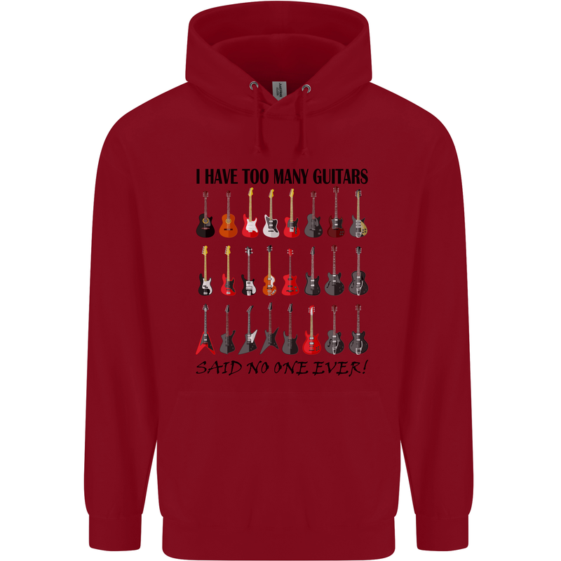 I Have Too Many Guitars Funny Guitarist Childrens Kids Hoodie Red