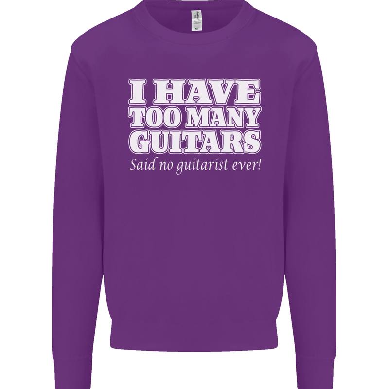 I Have Too Many Guitars Funny Guitarist Kids Sweatshirt Jumper Purple