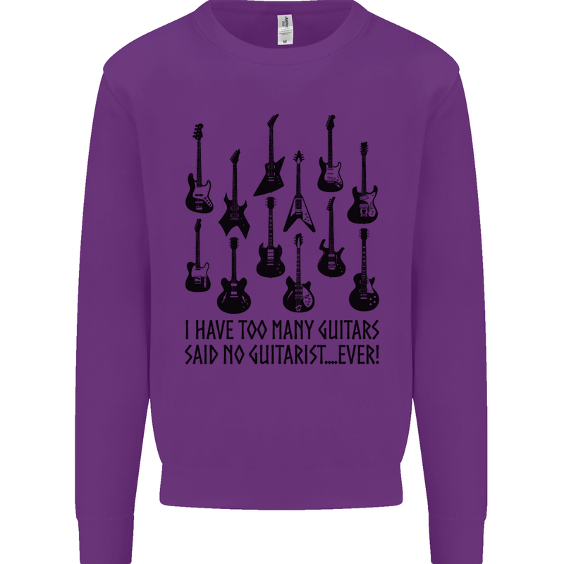 I Have Too Many Guitars Funny Guitarist Kids Sweatshirt Jumper Purple