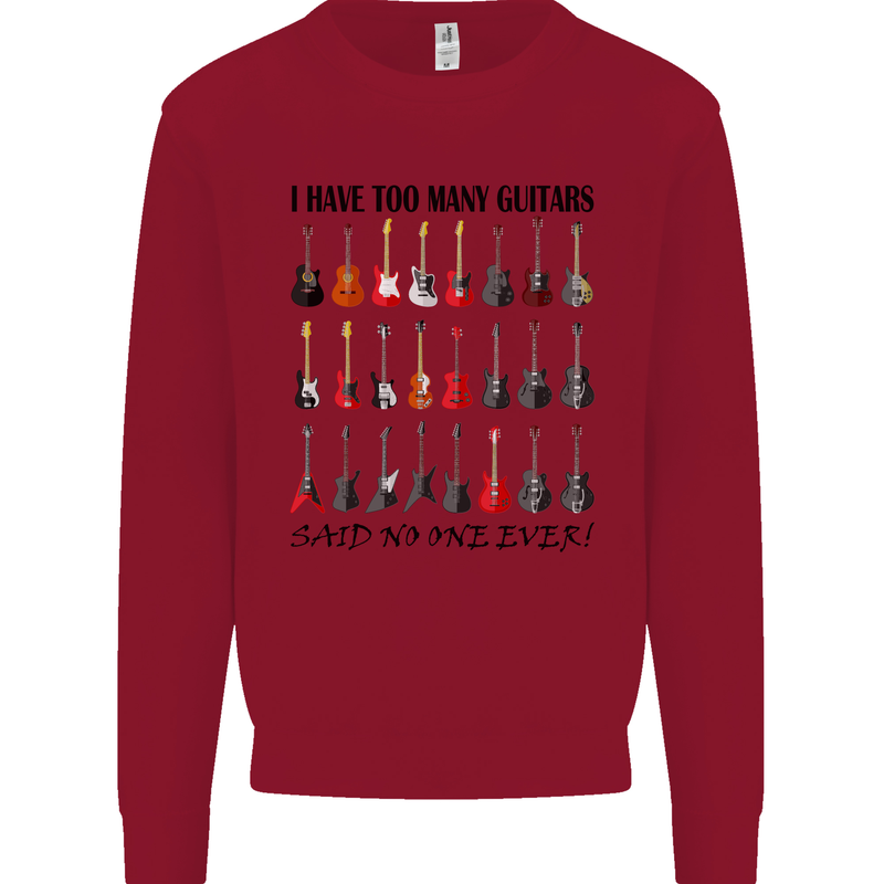 I Have Too Many Guitars Funny Guitarist Kids Sweatshirt Jumper Red