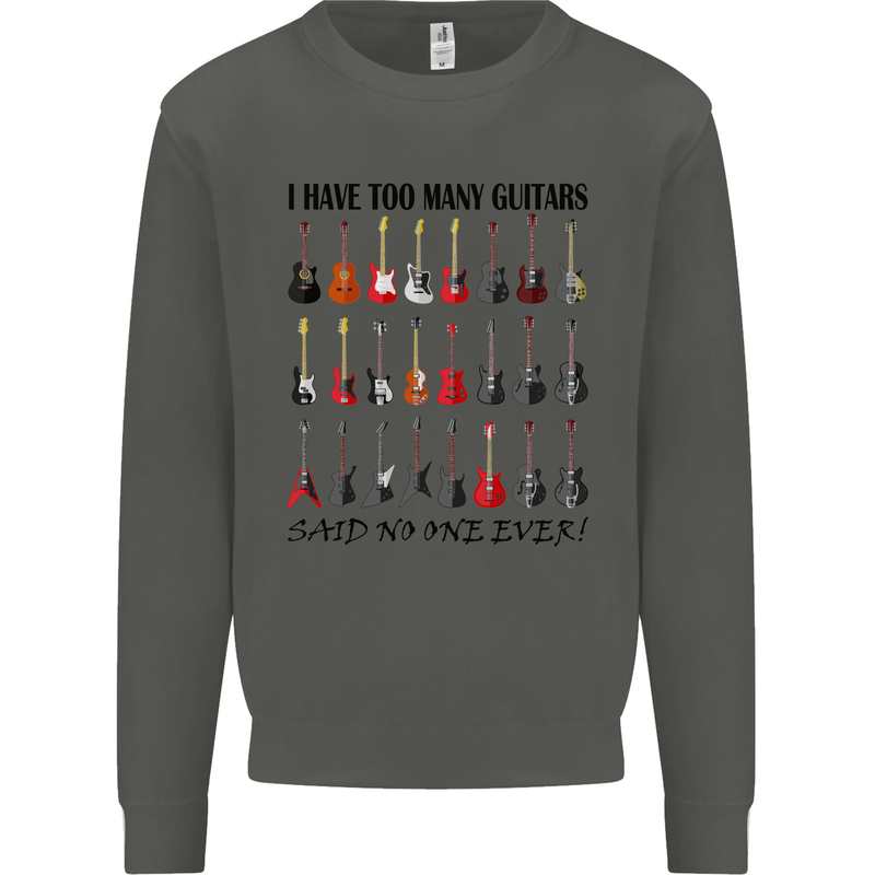 I Have Too Many Guitars Funny Guitarist Kids Sweatshirt Jumper Storm Grey