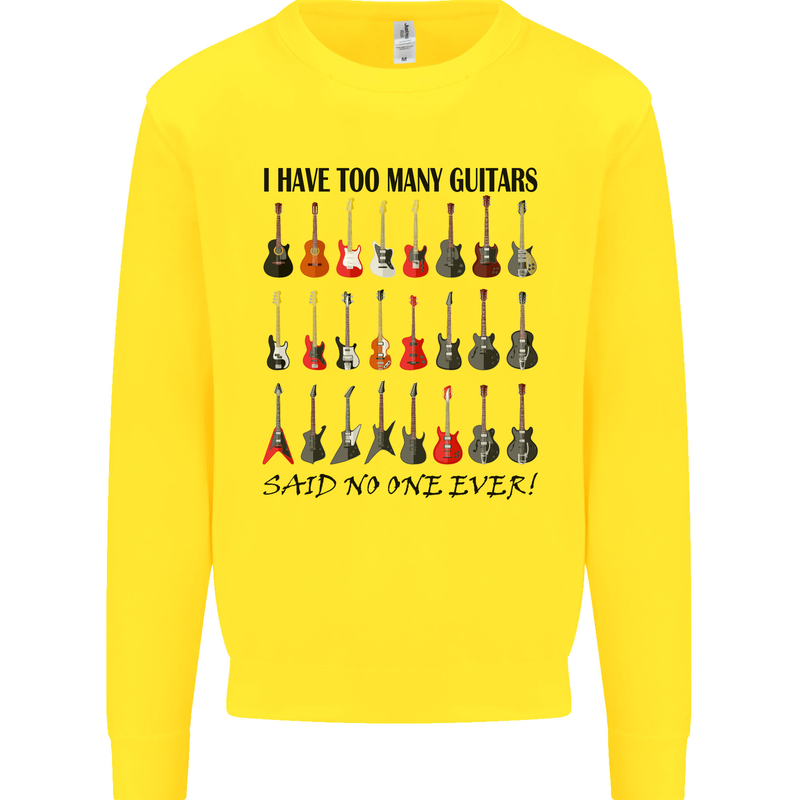 I Have Too Many Guitars Funny Guitarist Kids Sweatshirt Jumper Yellow