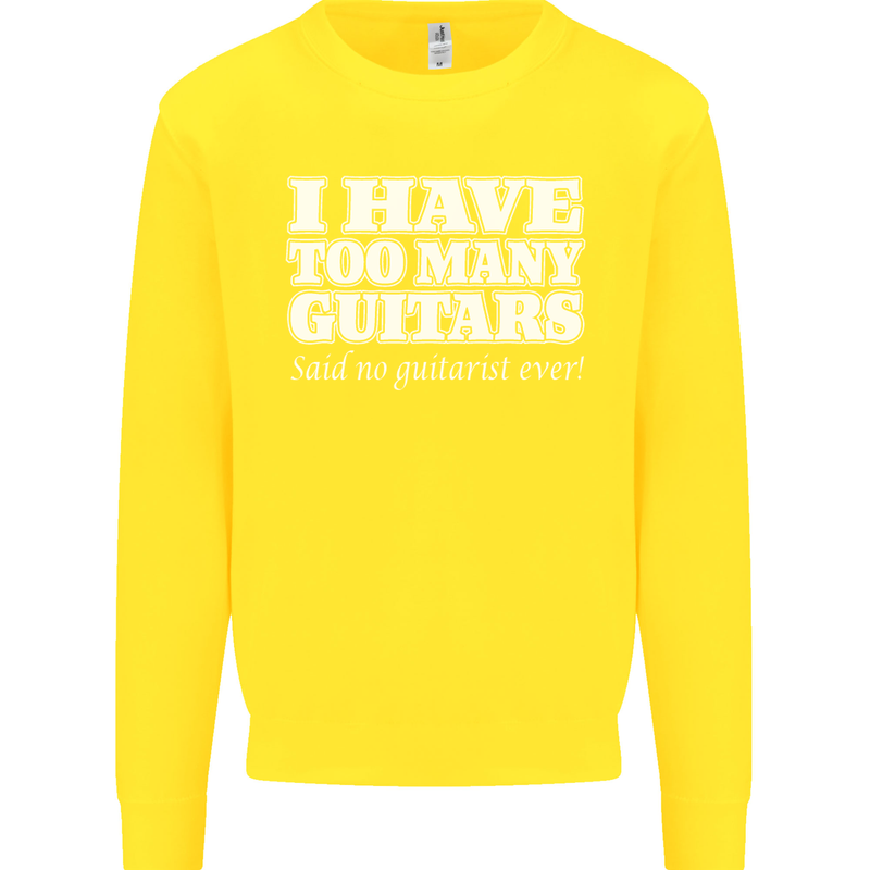 I Have Too Many Guitars Funny Guitarist Kids Sweatshirt Jumper Yellow