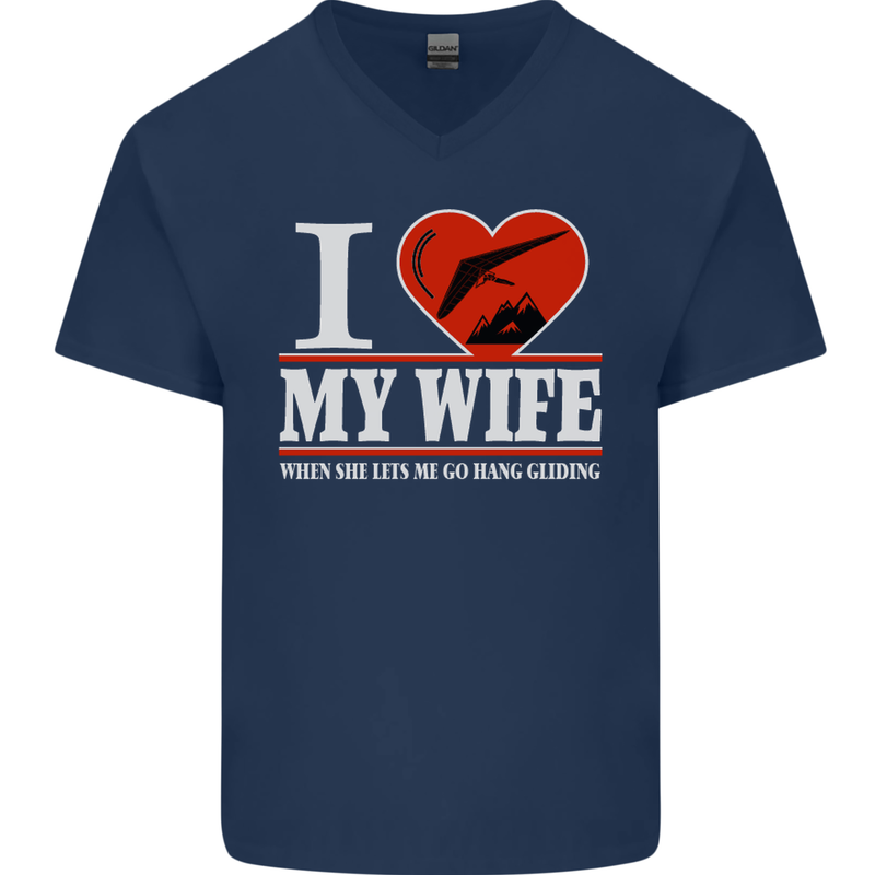 I Heart My Wife Hang Gliding Hang Glider Mens V-Neck Cotton T-Shirt Navy Blue